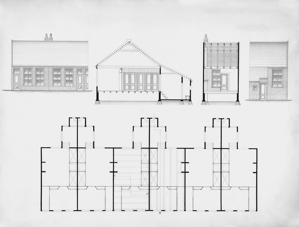 Black and white architectural drawing showing residential construction documents