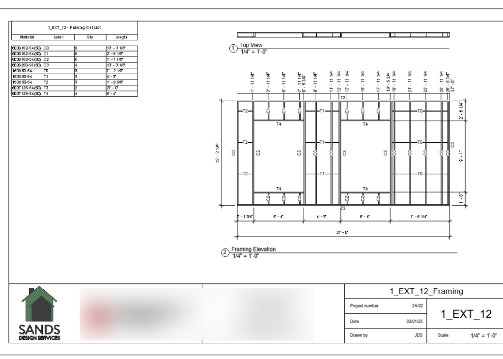 Cold formed steel exterior wall panel framing elevation with stud layout, dimensions, and material cut list