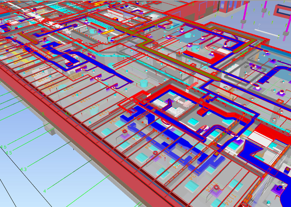 3D BIM clash detection model showing coordinated HVAC, plumbing, and electrical systems in a commercial building