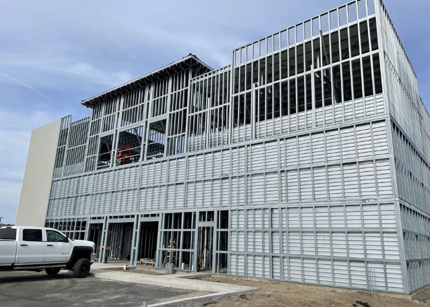 Cold-formed steel framing of Holmes Tract public storage facility during construction