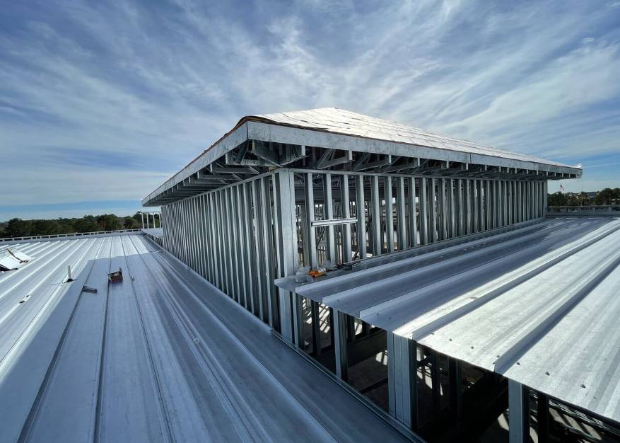 Cold-formed steel framing of Holmes Tract public storage facility during construction